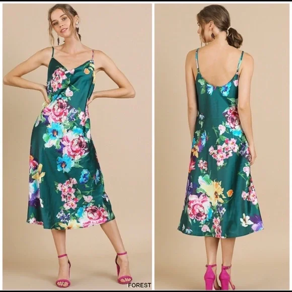 Floral Print Midi Dress Green Pink - Picture 3 of 3